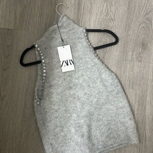 Zara Gray Sleeveless Knit Top with Embellishments